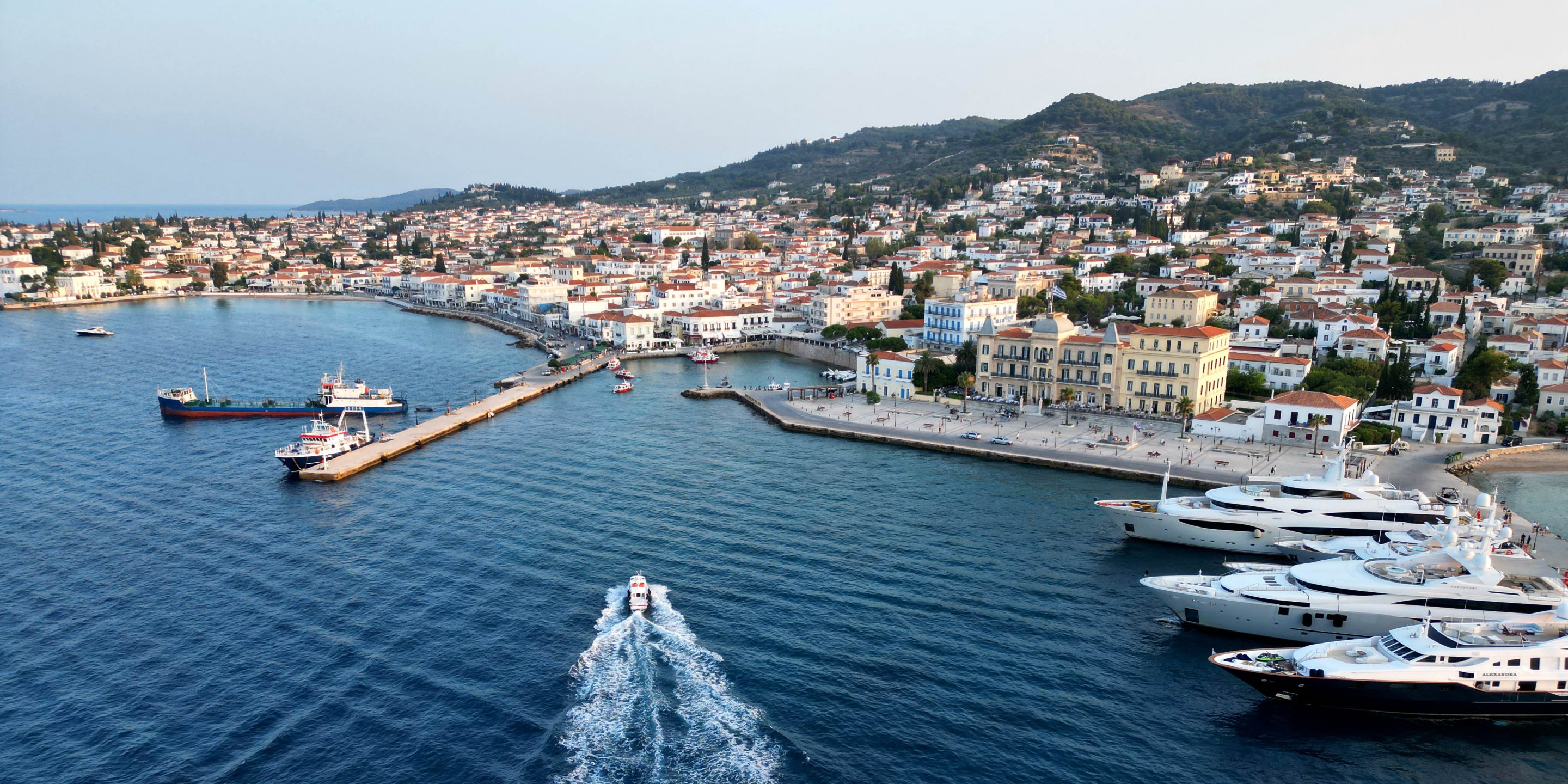 Aerial view of the town and port of Spetses